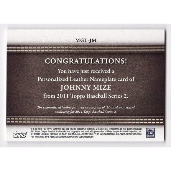 JOHNNY MIZE 2011 Topps Manufactured Leather Nameplate # MGL-JM HOF+2009 #LGU25 - Picture 4 of 4